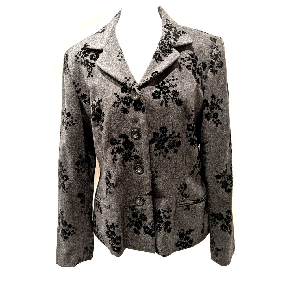 Neiman Marcus Women 12 Gray Blazer Black Velvet Floral Pockets 60% Wool Button‎